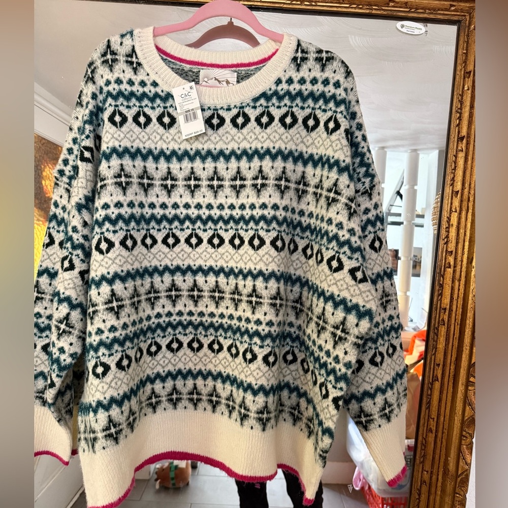 C&C California Cream Fair Isle Crewneck Sweater with Teal & Black Pattern